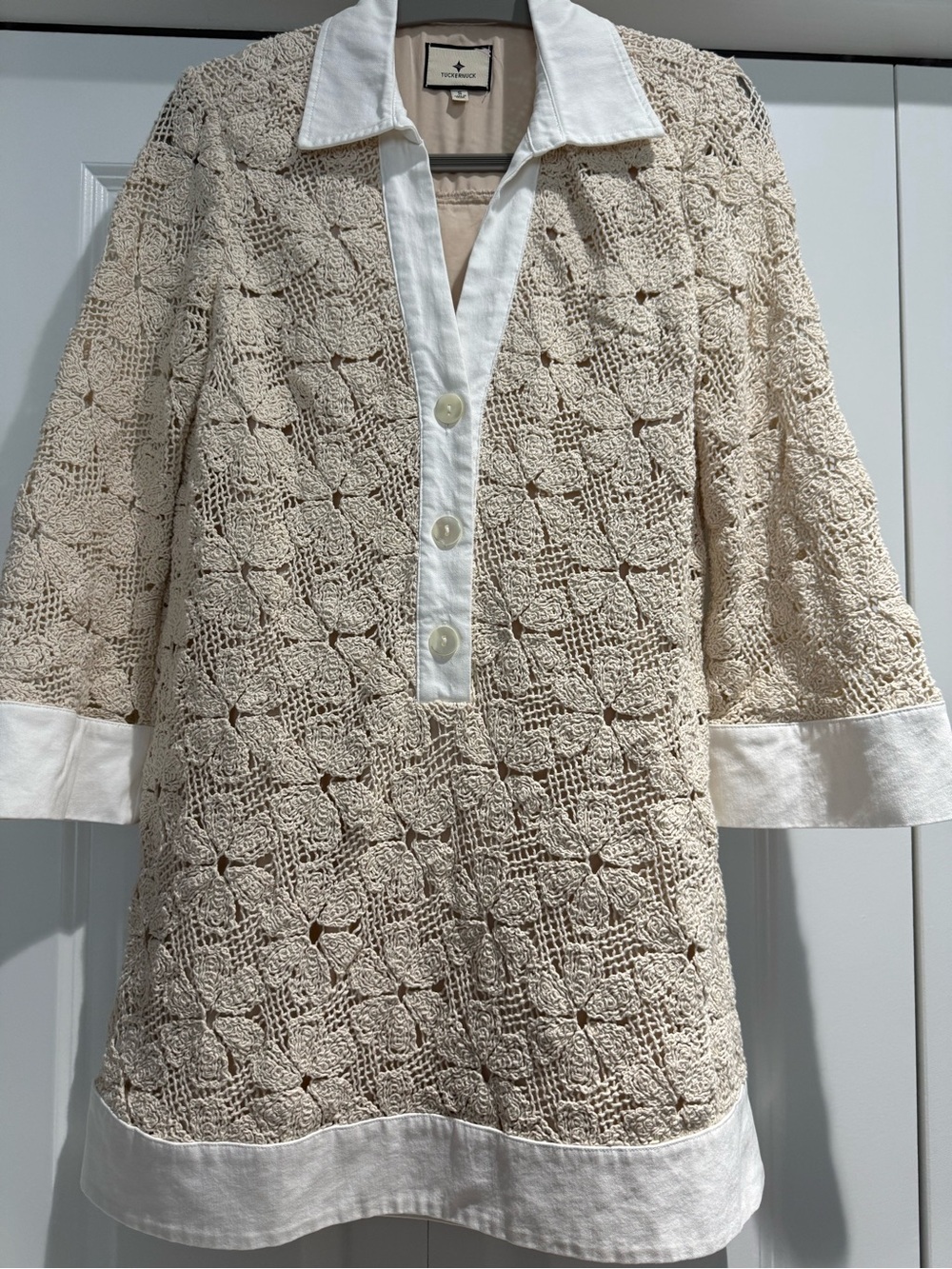 Tuckernuck Collier Cream Crochet Mini Dress with White Trim